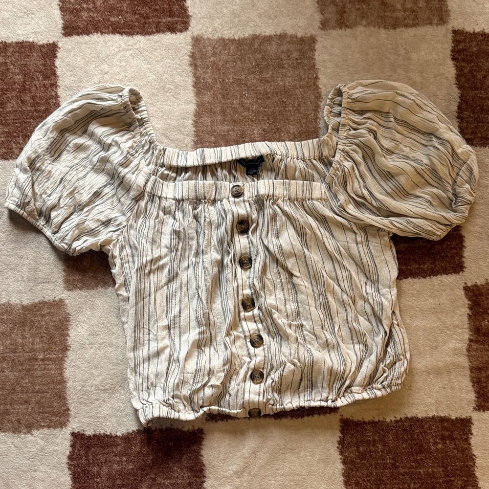 Striped Puff Sleeve Faux Button-Up Top